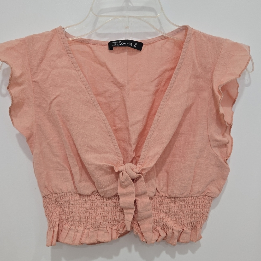 Simplee Apparel Peach Boho Cottagecore Tie-Front Romantic Smocked Blouse
